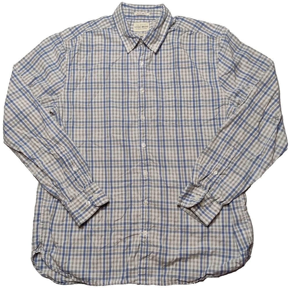 LUCKY BRAND WHITE LABEL FIT Men XL Blue Gray White Plaid Cotton Button Shirt